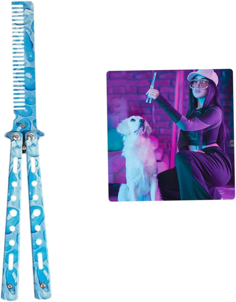 Butterfly Knife Comb,Stainless Steel Comb Trainer Unsharpened Slice Butterfly Training Comb for Beginner Aqua Blue - Colorful image number 4