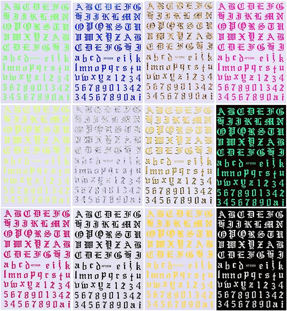 Nail Stickers Self-Adhesive Nail Sticker Letters 3D Nail Stickers Letters Old English Alphabet White Black Gold Silver Letters Nail Design Nail Art Decoration (12 Sheets) image number 2