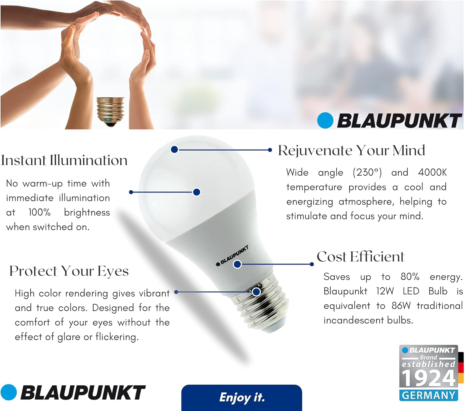Blaupunkt LED Bulb E27 &ndash; Classic A60 &ndash; Daylight Lighting &ndash; 12W &ndash; Replacement of 86W &ndash; Frosted &ndash; Natural White 4000K &ndash; 1260 Lumens &ndash; Energy and Cost Saving Light &ndash; Class A+ &ndash; Pack of 4 image number 5