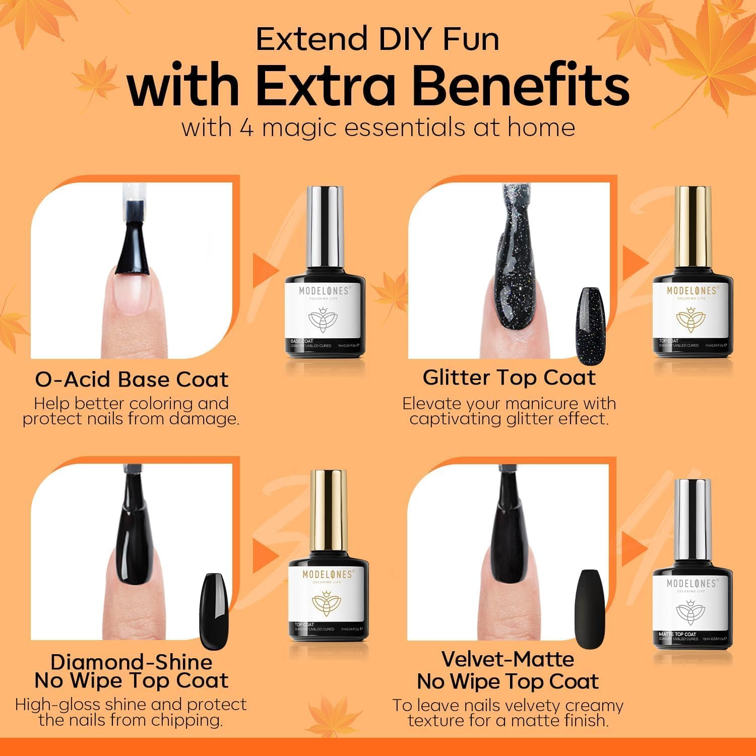 Modelones 40 Pcs Fall Gel Nail Polish Set, Halloween Nude Brown Orange Green Red Purple Gold Jelly White Colors Blooming Gel Polish Kit with Base Coat& Matte Glitter Glossy Top Coat DIY Manicure image number 6