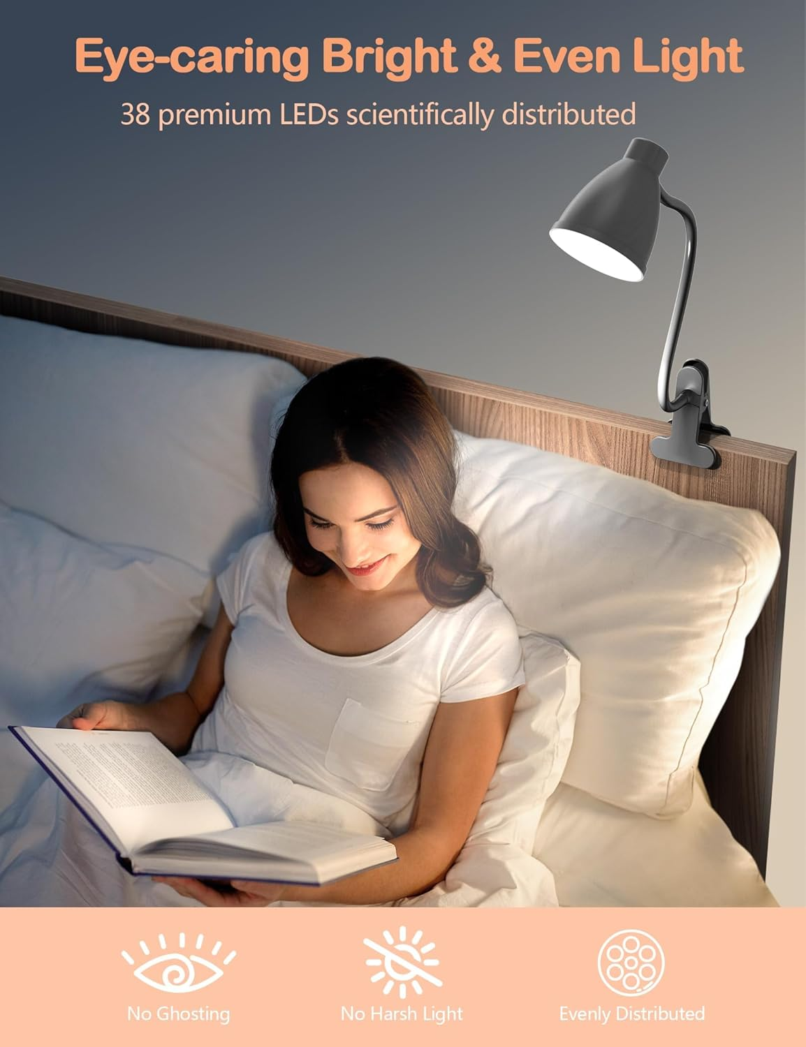 LTZEMOO Desk Lamp 3 Color Modes 10 Brightness Dimmer Reading Light 10W 38 LED Clamp Lamp with Auto off Timer 360&deg; Flexible Gooseneck Clip on Light for Bed Bedside, AC Adapter Include image number 1
