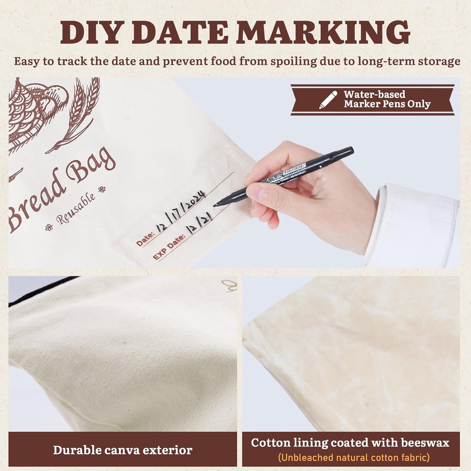 Puricon 2 Pack Reusable Beeswax Bread Bags for Homemade Bread, Large Capacity Linen Sourdough Bread Bags with Date Tracking Label, 12.4&times;16.5 Inch Bee Wax Bread Storage Bag image number 6