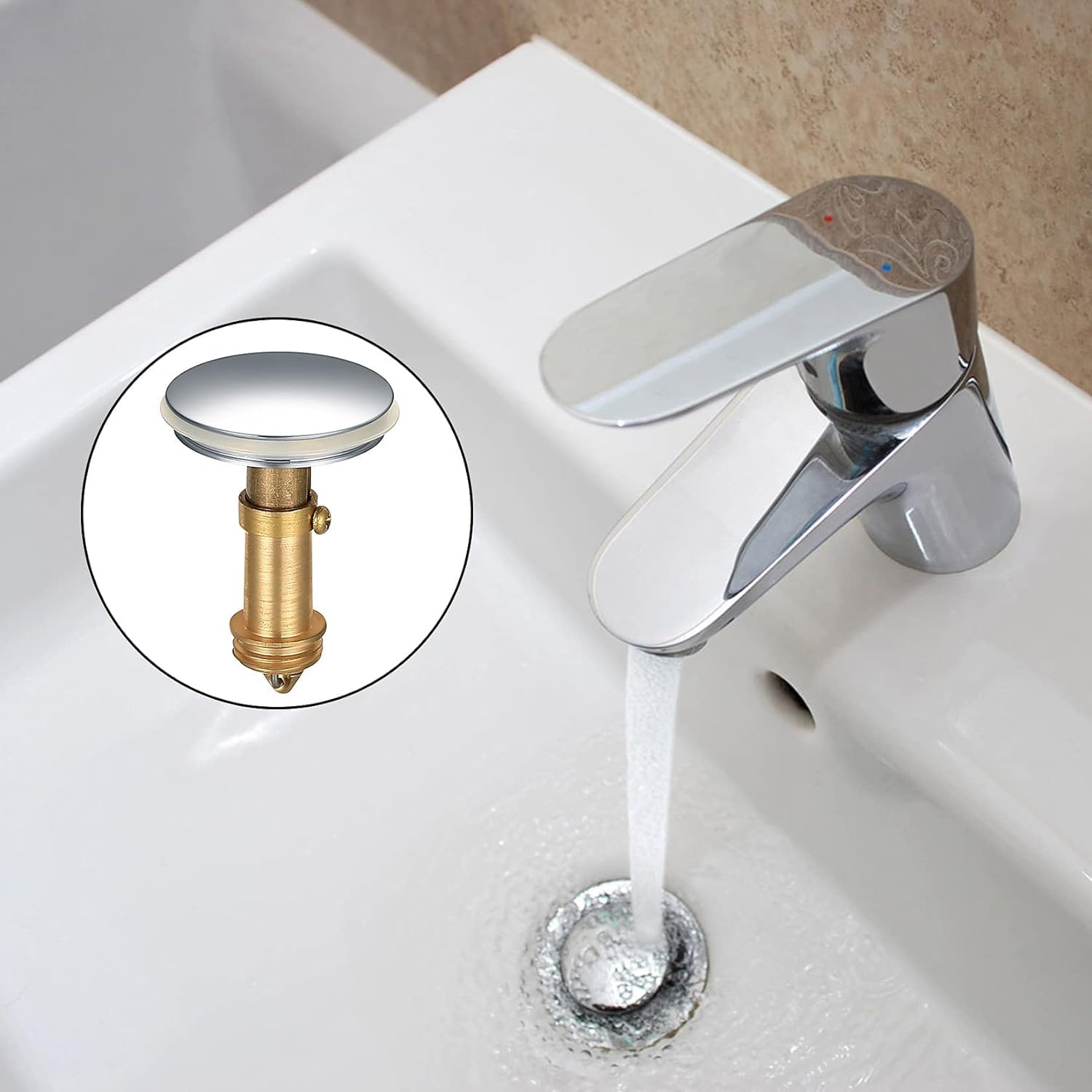 2Pcs Bathroom Sink Drain Plug Stopper, 38Mm Basin Pop up Click Clack Plug, Brass Strainer with Slotted Bolt Spring for Bath Vanity, Bathtub and Kitchen