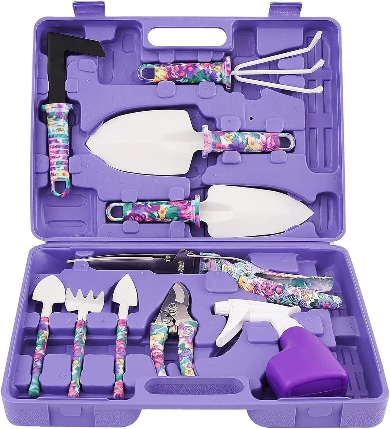 Garden Tools Set, 10 Pieces Gardening Gifts Stainless Steel with Storage Case with Garden Trowel Pruners, Rake, Shovel, Trowel, Sprayer, and More -Garden Gifts for Men & Women (Purple 10Pcs Set) image number 3