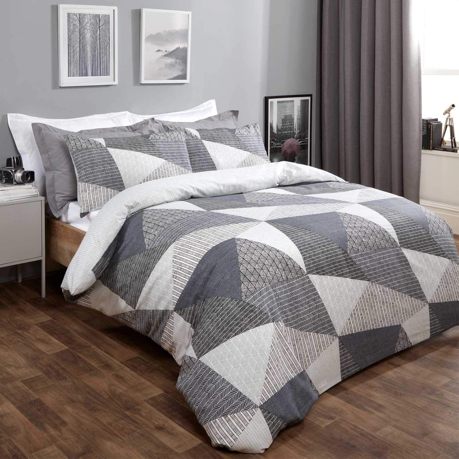 Dreamscene Geometric Duvet Cover with Pillowcases Textured Scandi Bedding Set, Black Charcoal Silver Grey -3 Pieces King Size