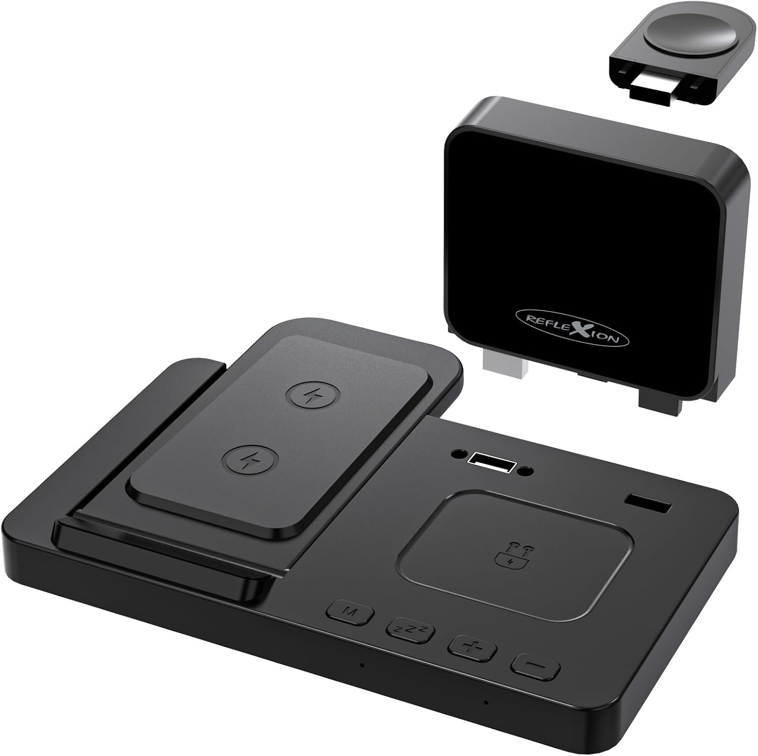 Reflexion 4-In-1 Wireless Charger with Clock and Alarm Clock, Wireless Charging Station for Smartphone, Apple Watch & Headphones, 15 W Quick Charge, Dual Alarm Function, USB-C Connection, Compact And