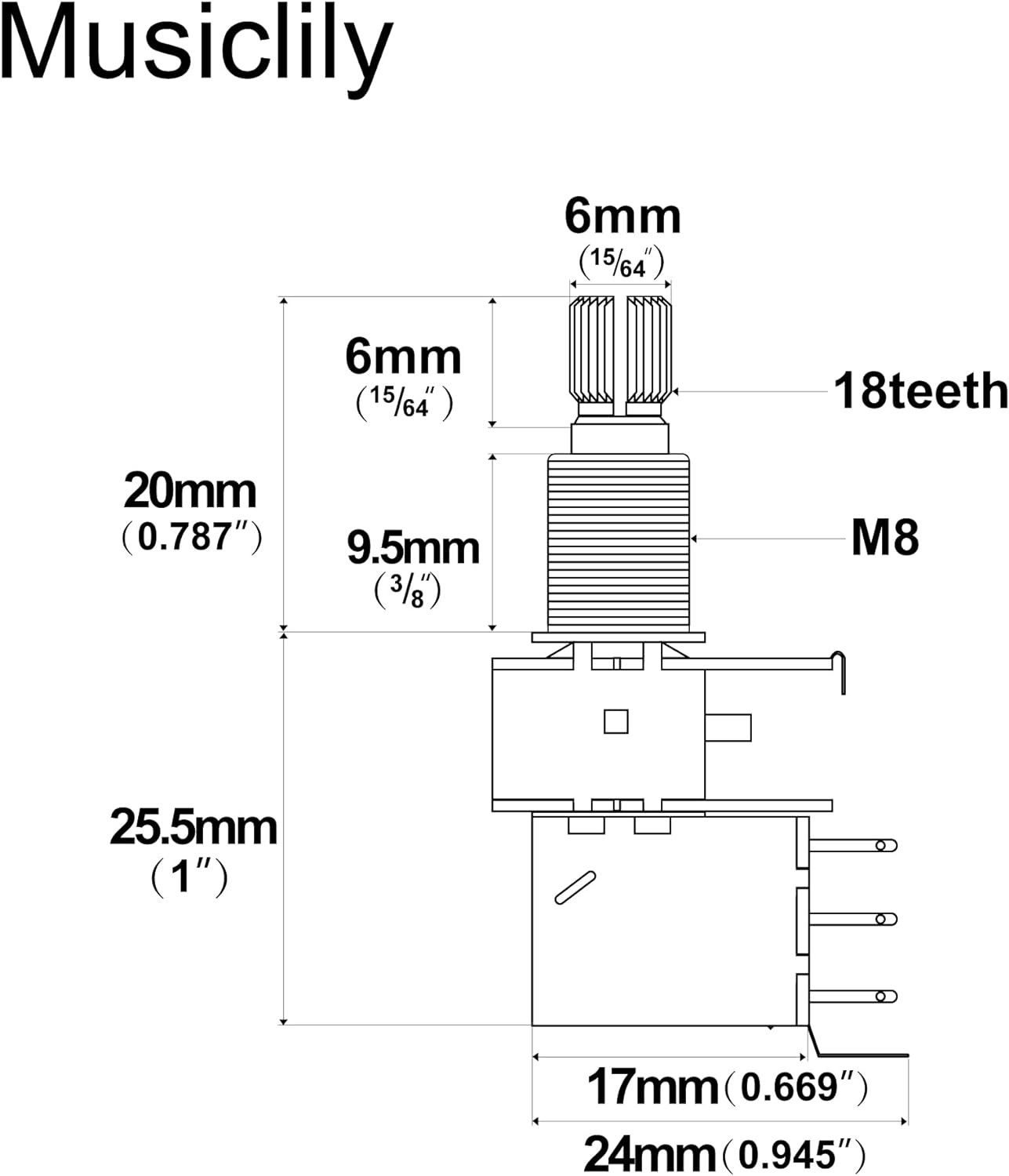 Musiclily Pro B250K Full Brass Metric Coarse 18-Spline Split Shaft Pots Push/Push Linear Taper Potentiometers for Electric Guitar Bass (Set of 2) image number 1