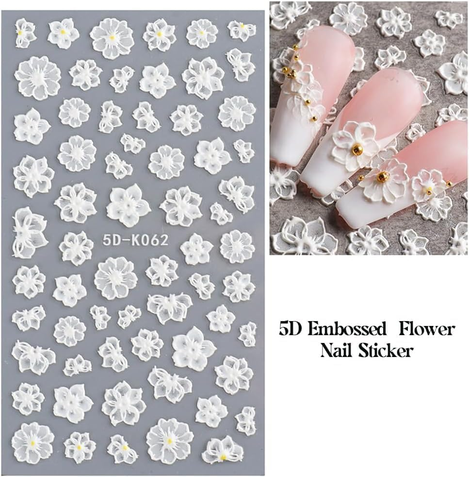 White Flower Nail Art Sticker Decals 5D Self-Adhesive Luxurious Nail Art Decoration Exquisite Pattern Nail Art Supplies White Feather Lace Flower Leaf Carving Design DIY Acrylic Nail Art, 3 Sheet
