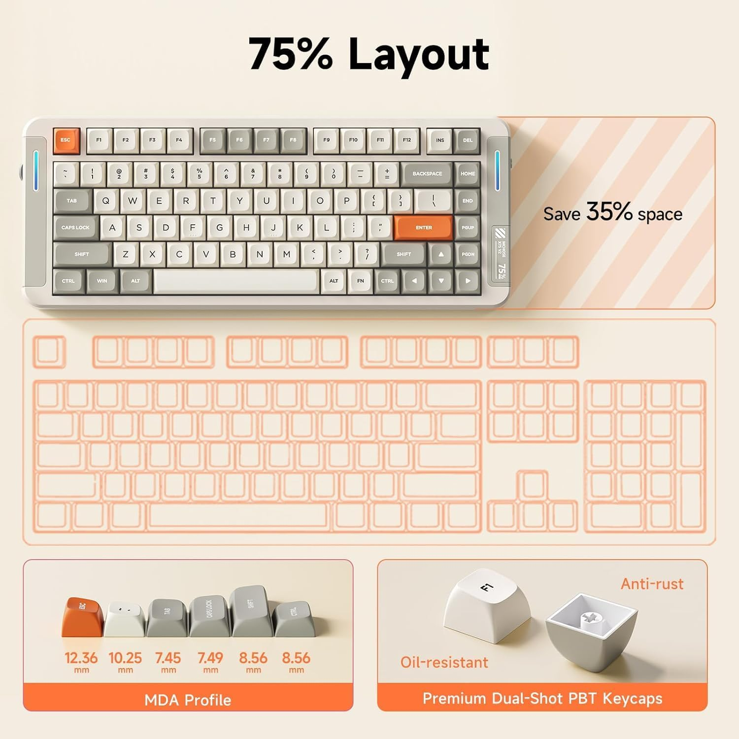MCHOSE X75 V2 Gaming Keyboard, 75% Mechanical Keyboard Knob Control, Hot Swappable Custom Wireless Keyboards Tri-Mode 2.4G/BT5.0/USB-C, RGB Backlit Retro White (Retro White) image number 1