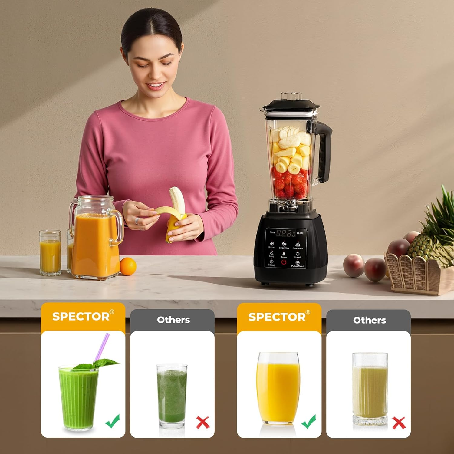 Spector 2L High Speed Commercial Blender, Mixer Food Processor, Juicer Smoothie with Timer, Ice Breaker, Ice Crush, 5 Modes, 10 Speeds, 1600W Power Motor, Blend, Chop, Grind & Pur&eacute;e, Black