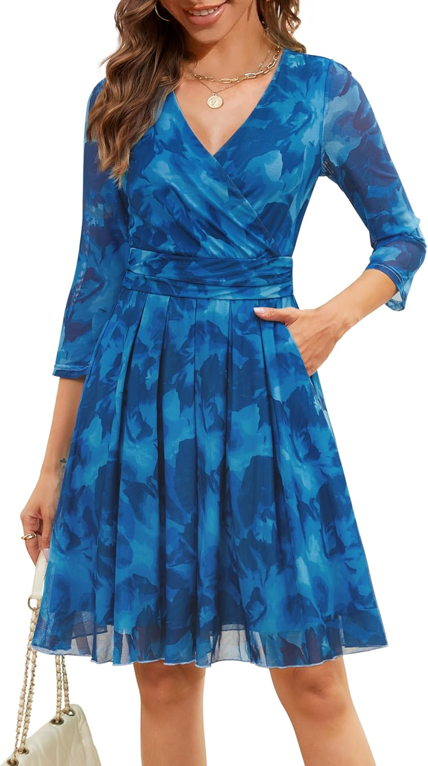 Zattcas Womens 2025 Wrap V Neck 3/4 Sleeve Cocktail Dress Pleated a Line Fit and Flare Wedding Guest Dress with Pockets image number 7