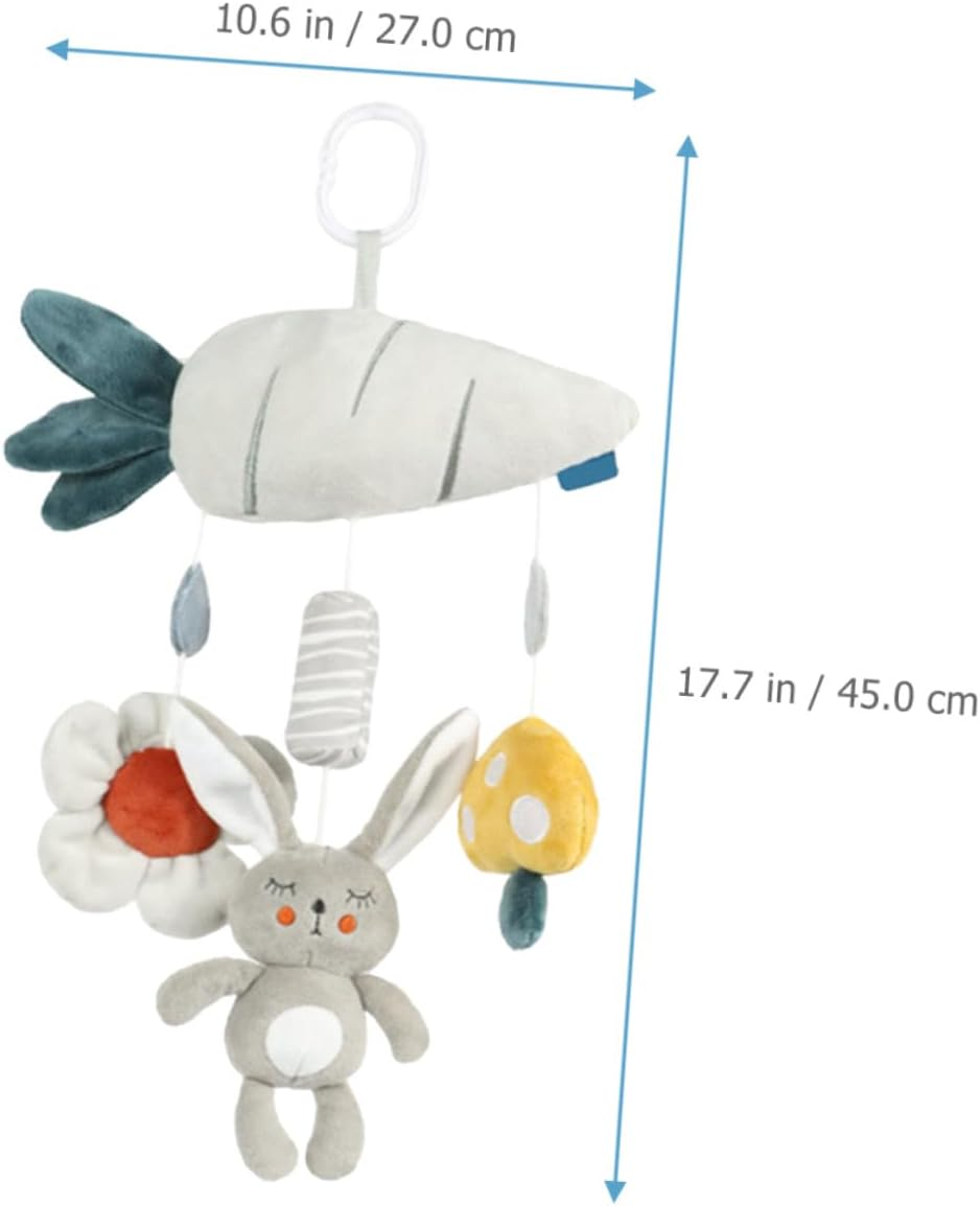 Plush Stroller Hanging Rattle with Built Sound Soft Sensory Crib and Car Seat Activity for Newborns Years Gray Bunny and Carrot Design Travel-Friendly image number 3