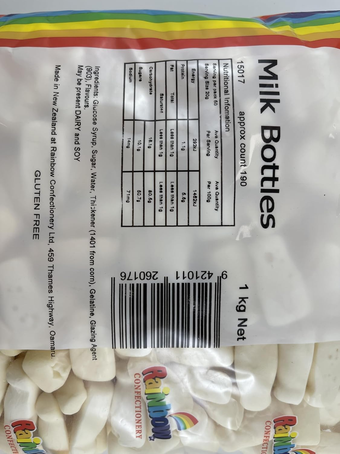 Rainbow Confectionery NZ Milk Bottles 1Kg Bag image number 2
