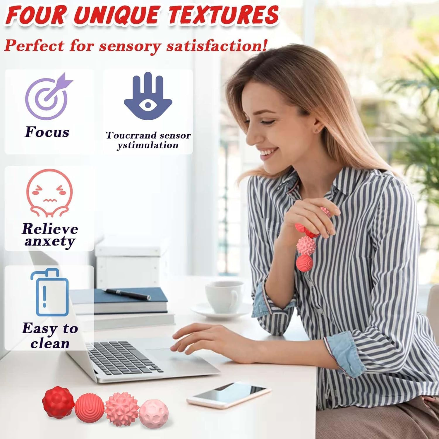 Magnetic Sensory Fidget Ball Toy, Anti-Stress Silicone Ball Toy 8 PCS, Motor Skills Toy with Multi Texture, Peace of Hands and Anxiety Mind, Fun Stress Free Magnet Balls, for Adults and Teens (Pink) image number 4