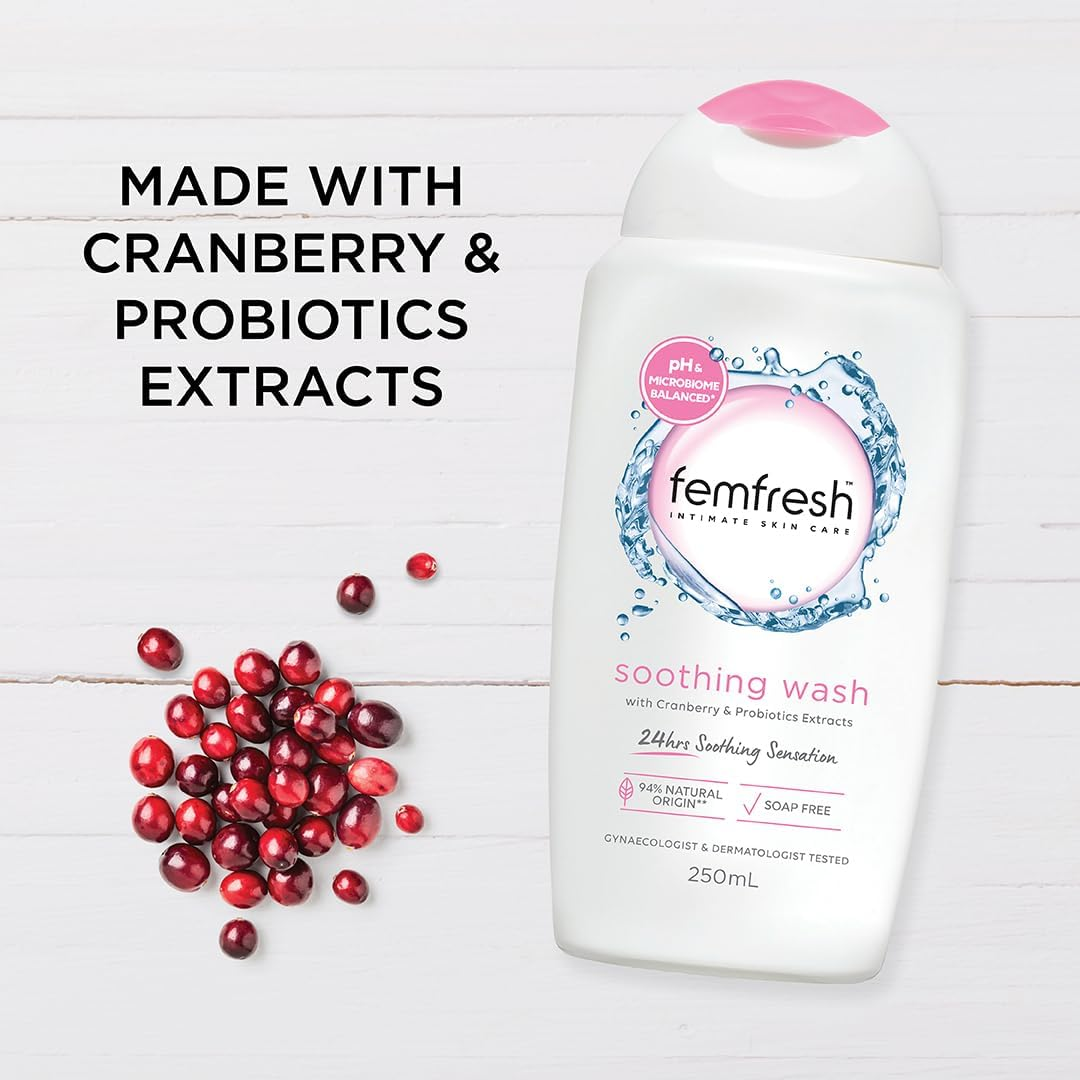 Femfresh Soothing Wash - Shower Gel - with Cranberry & Honeysuckle Extracts - PH & Microbiome Balanced - 94% Natural Ingredients - Hypoallergenic & Soap Free - Gentle Feminine Wash - 250Ml image number 2