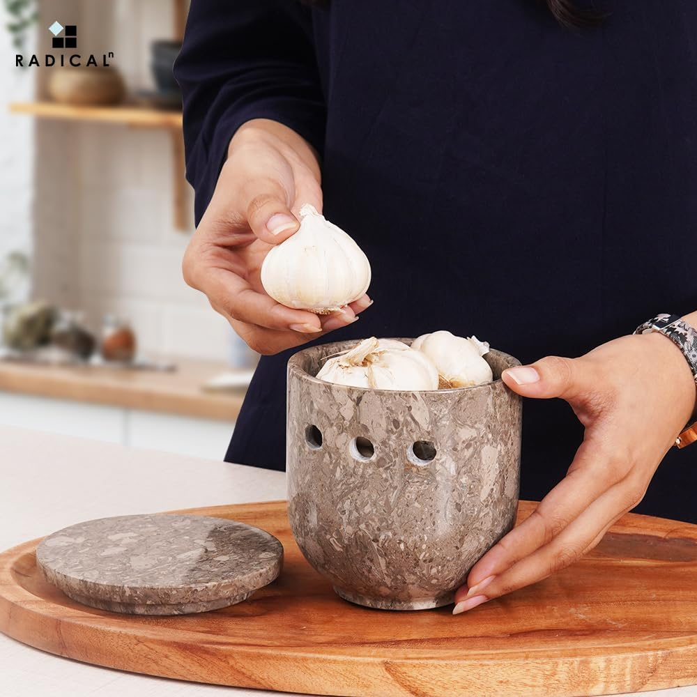Radicaln Marble Garlic Keeper Oceanic 4.5" Inches Handmade Garlic Holder Countertop Ideal Garlics Saver & Keeper, Onion and Garlics Storage