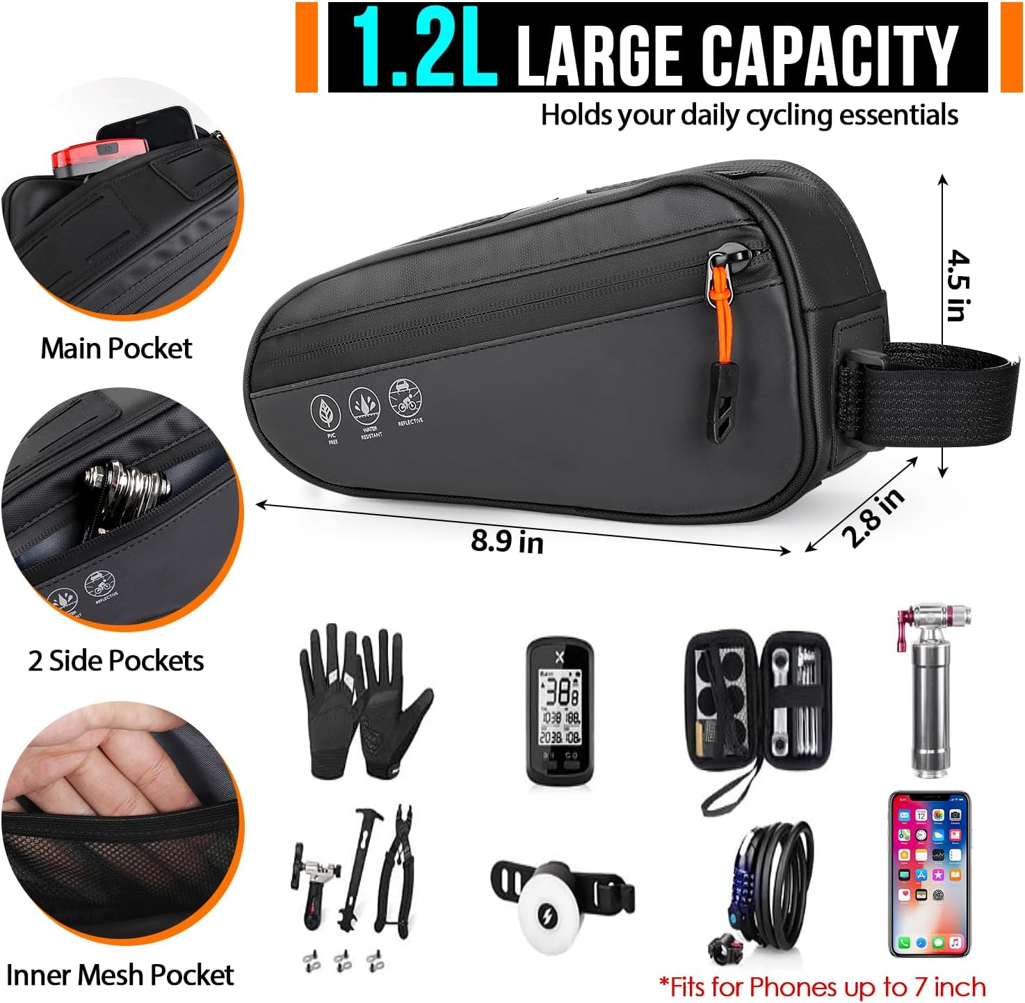 WOTOW Bike Frame Bag, Waterproof Bike Triangle Bag with Two Side Pockets, Reflective Bicycle Top Tube Phone Storage Pouch for Road Mountain Bike Cycling Travel （1.2L）