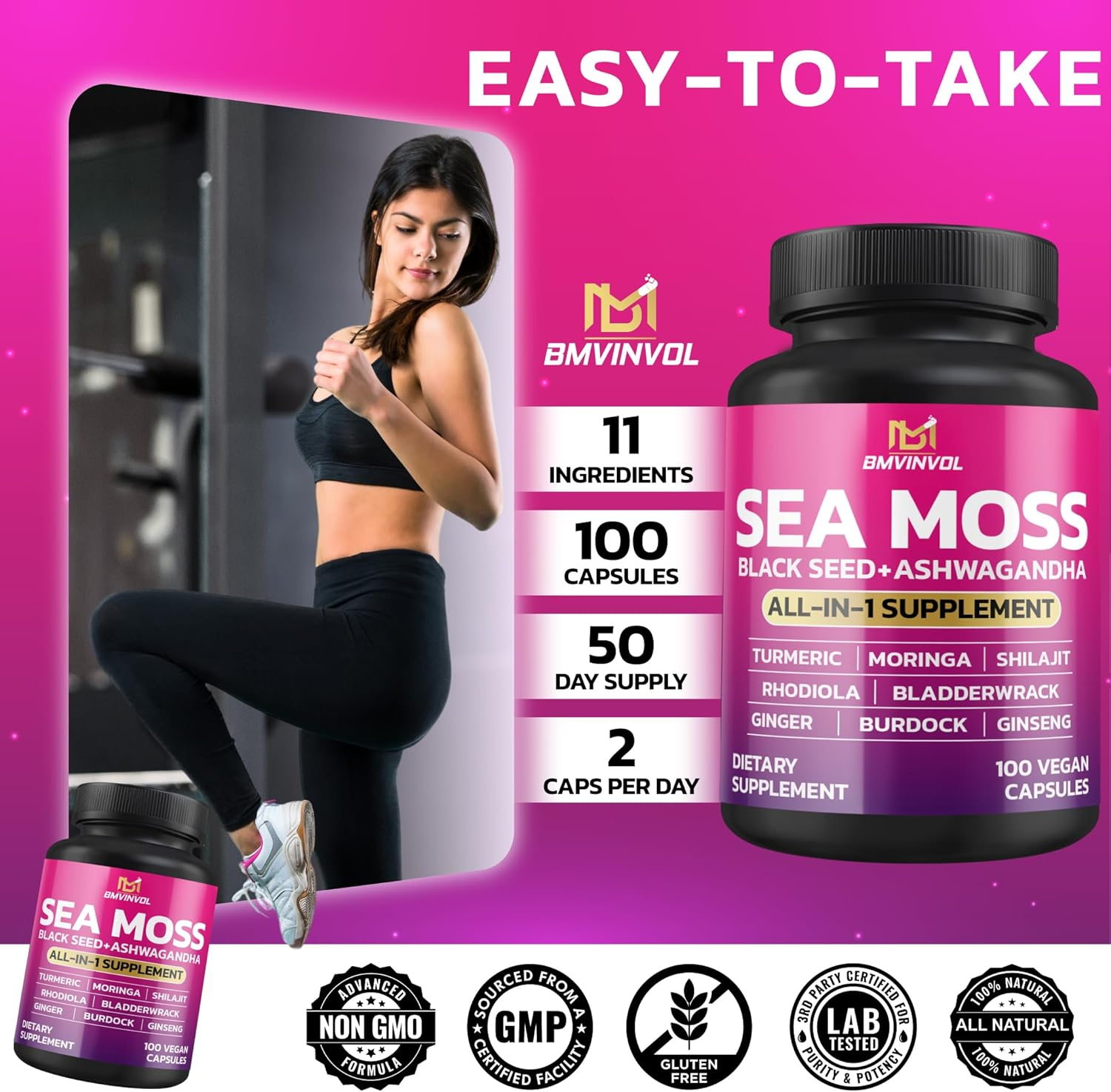 BMVINVOL Sea Moss 6000Mg Black Seed 4000Mg Shilajit 2000Mg Ashwagandha 2000Mg + Bladderwrack, Ginger, Moringa, Turmeric, Burdock, Ginseng, Rhodiola Rosea - 100 Capsules image number 6