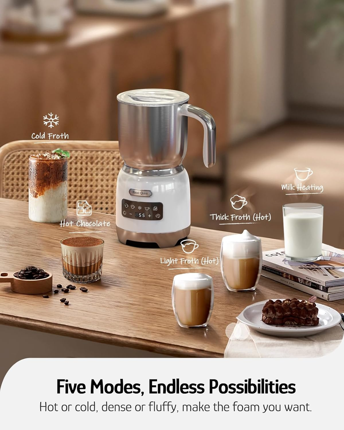 Hazel Quinn 400Ml Automatic Milk Frother & Steamer 5-In-1 Hot & Cold Froth Maker with Detachable Jug, LED Touch Control & Dishwasher Safe Pearl White image number 2