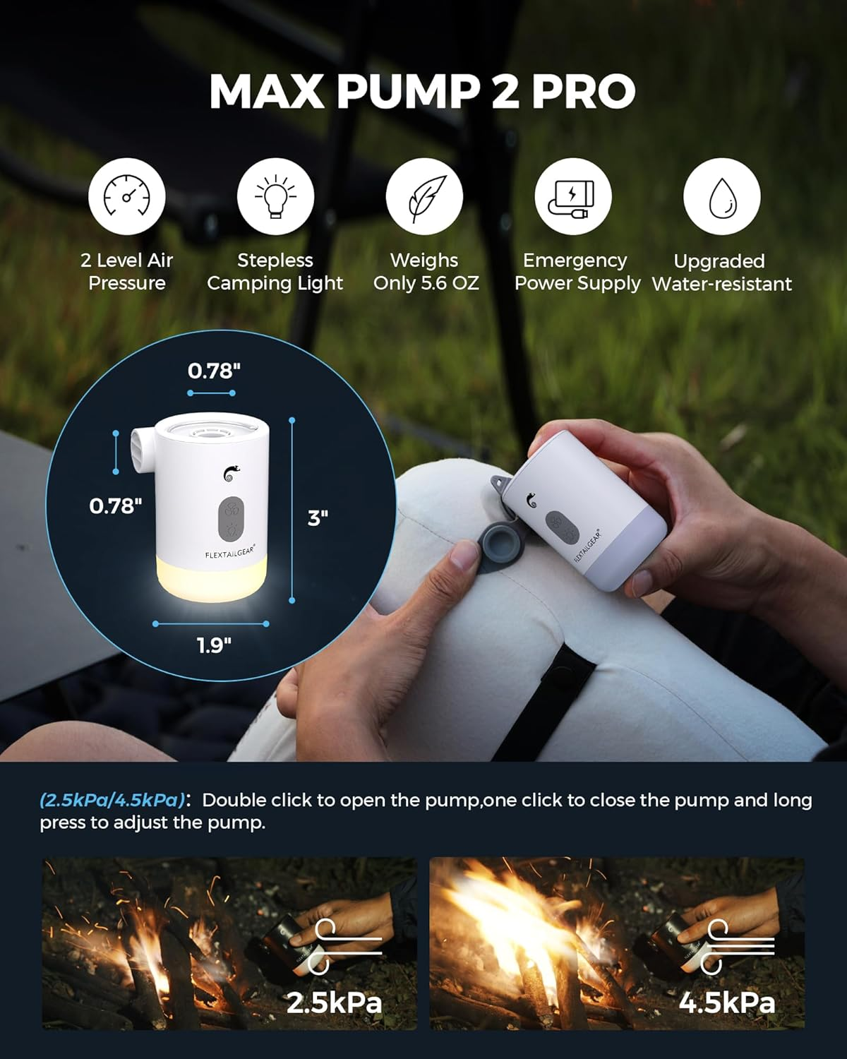 FLEXTAILGEAR Portable Air Pump MP2 Pro Electric Air Pump Rechargeable Battery Air Mattress Pump Ultralight Inflator with Led Light for Pool Floats Boats Sleeping Pads Inflatable Toys image number 4