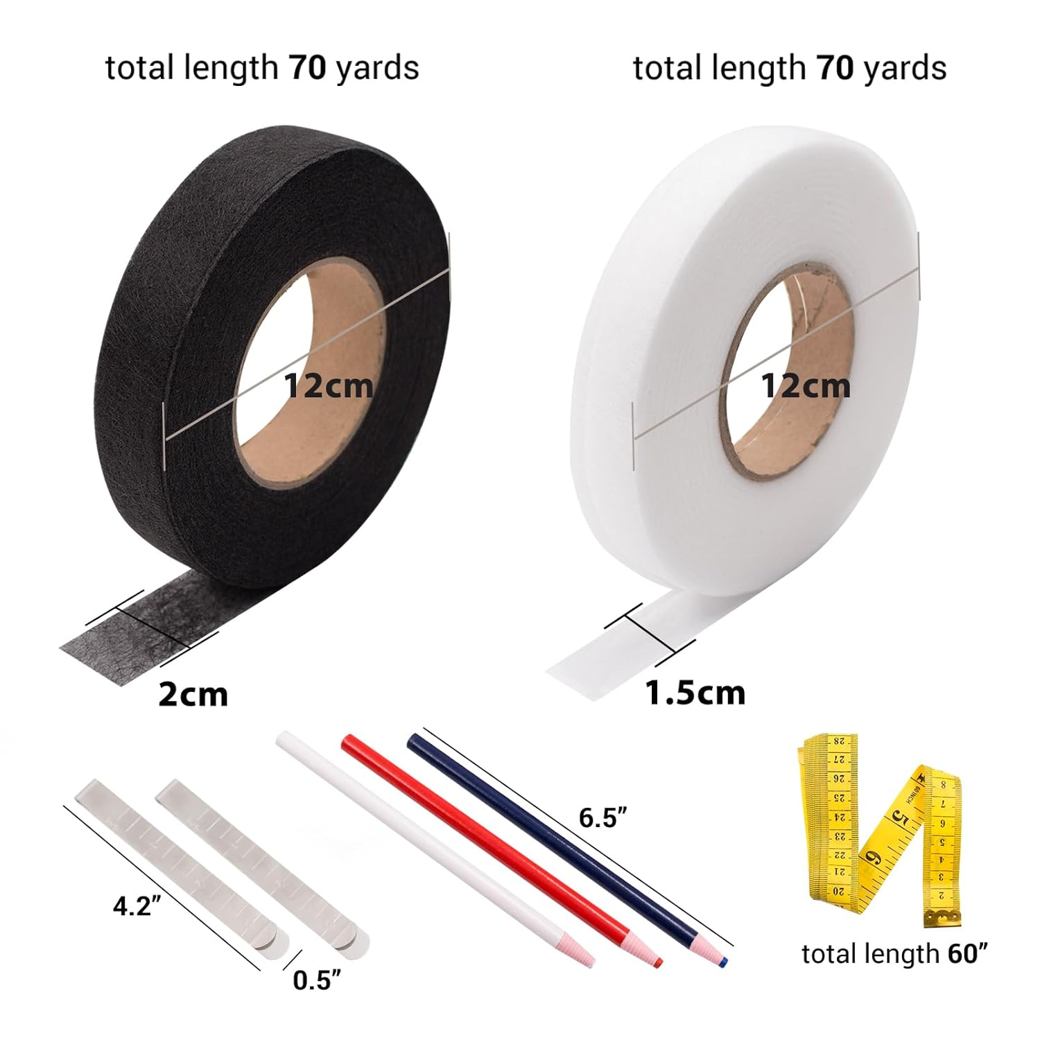 Daily Treasures 2Pack 140 Yards Iron-On Hemming Tape (With 2 Sewing Clips+3 Mark Pencil+1 Tape Measure) | 15 & 20 Mm Fabric Fusing Tape | Bonding Web Adhesive Tape for Jeans Trousers Garment Cloth image number 3