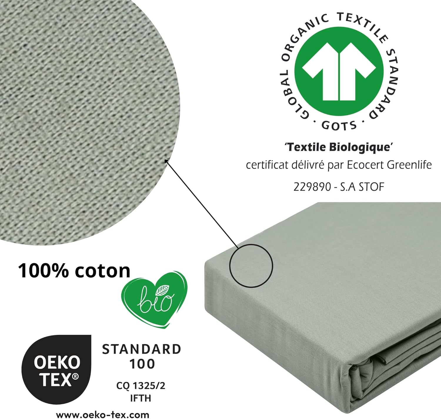 STOF - Fitted Sheet - Size 180 X 200 Cm - 100% Organic Cotton - Quality - Oeko-Tex Certified - Colour Khaki - Horizon Model - Bed Linen for Home - Soft and Comfortable image number 5