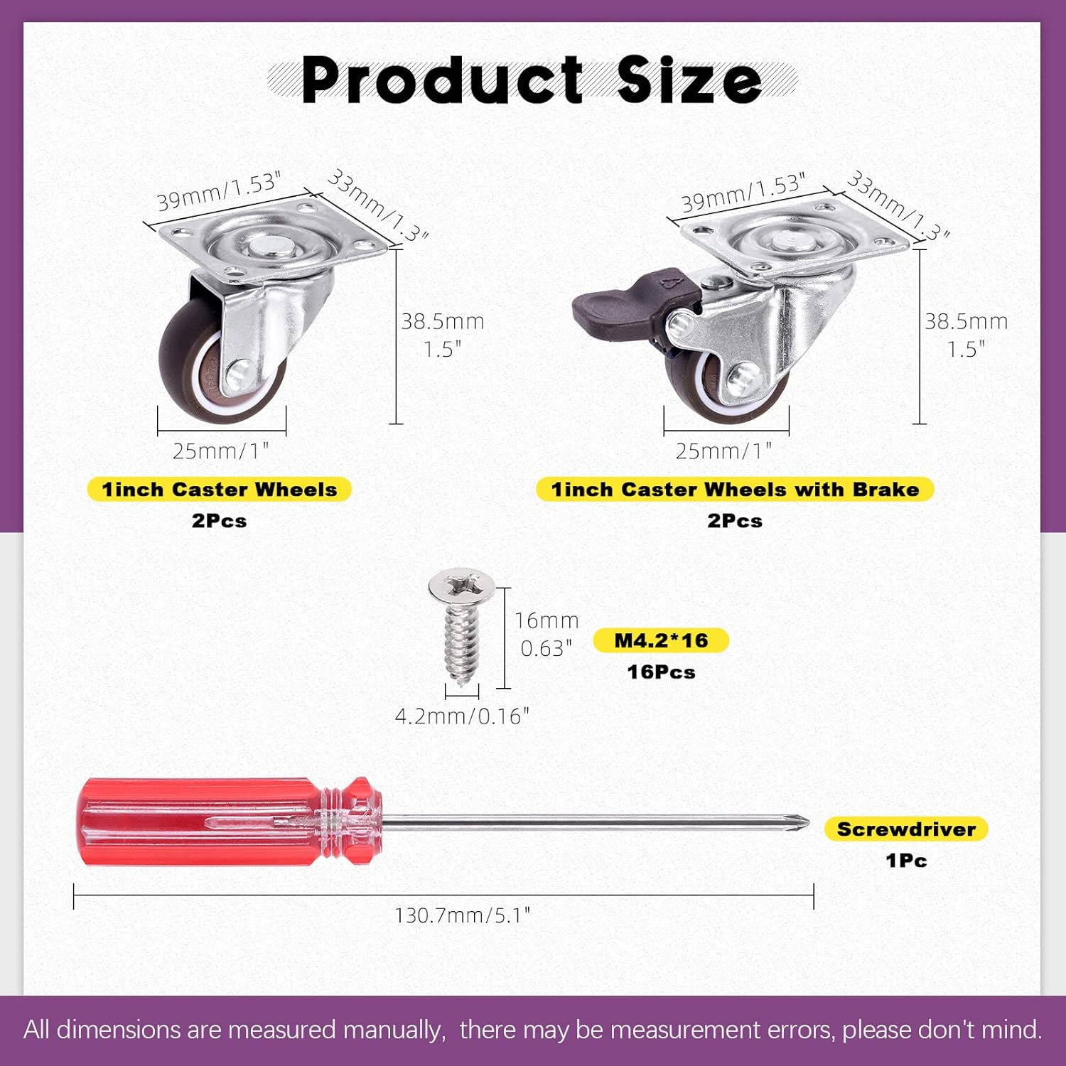 Swpeet 21Pcs 1 Inch Swivel Caster Wheels Set, Heavy Duty No Noise Rubber Casters 2 with Brakes 2 without Brakes, Locking Casters with Screws and Screwdrvier, Swivel Plate Castor Wheels for Furniture image number 1