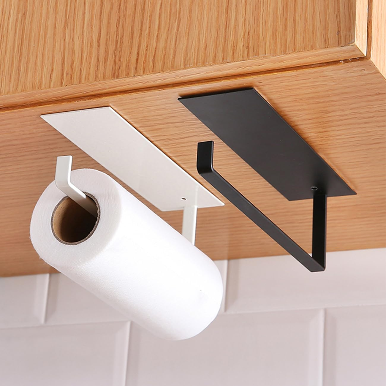2 Pack Paper Towel Holder Self-Adhesive Wall Mounted Paper Towel Rack for Kitchen Heavy Duty Carbon Steel Paper Towels Rolls Holder under Counter for Bathroom Cabinets Towel Bar Rack (Black+White) image number 1