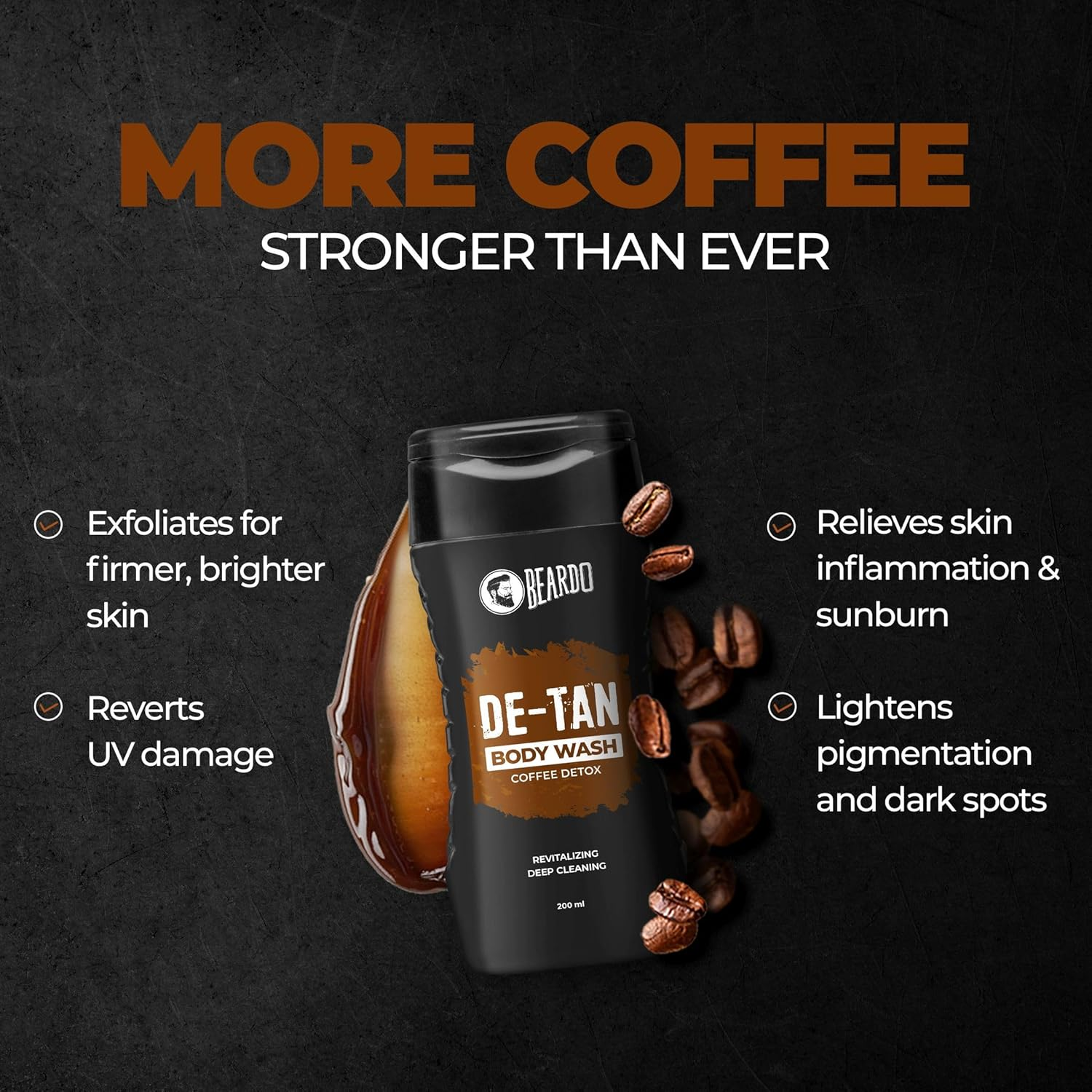 Beardo De-Tan Body Wash for Men, 200Ml | Tan Removal Bodywash for Men | De-Tan for Men | Caffeine Body Wash | with Coffee & Aloe Extracts | for Body & Face | Refreshing Fragrance image number 6