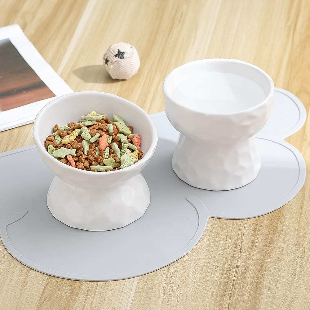 White Ceramic Cat Food and Water Bowl Set,Cat Food Dish with Stand,Elevated Cat Bowls,Raised Cat Food Bowls anti Vomiting,Pet Bowl with anti Slip Mat,Stress Free for Cats and Small Dogs image number 2