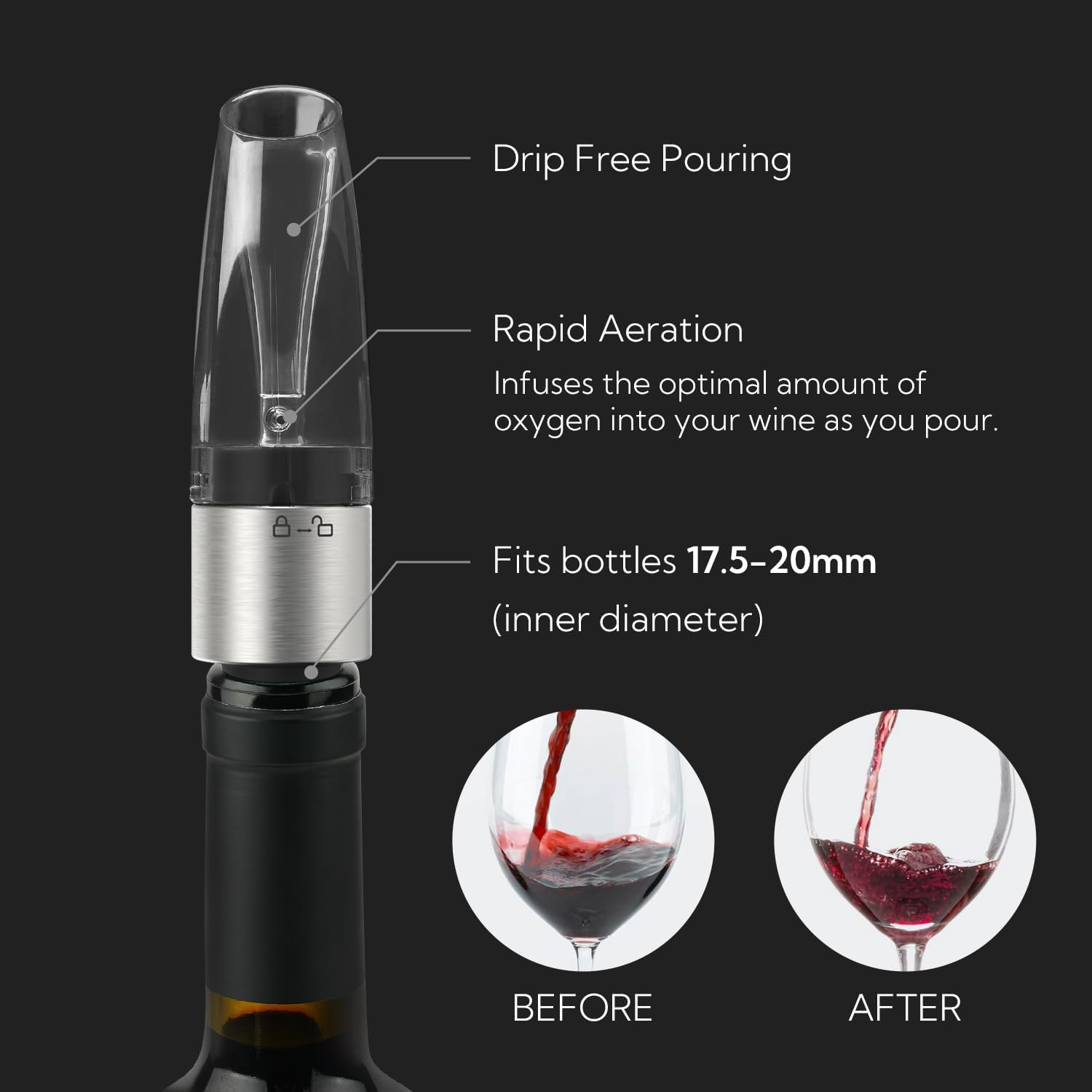 KITCHENDAO 2-In-1 Wine Aerator Pourer and Stopper, Premium Wine Air Aerator Pourer Decanter Spout Dispenser No Drip or Spill, Improve Taste and Bouquet Instantly - Dishwasher Safe, BPA Free, Black image number 1