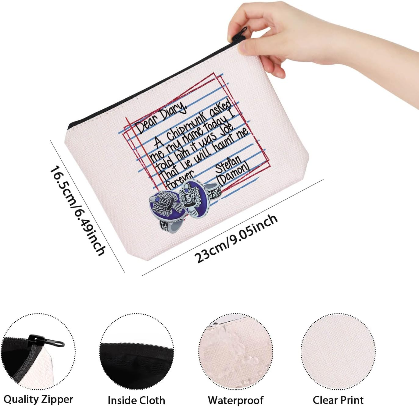 TSOTMO Vampire Damon Gift Salvatore Brothers Vampire Fans Gift Vampire Fandom Zipper Cosmetic Bag, Beige, Dear Diary image number 5