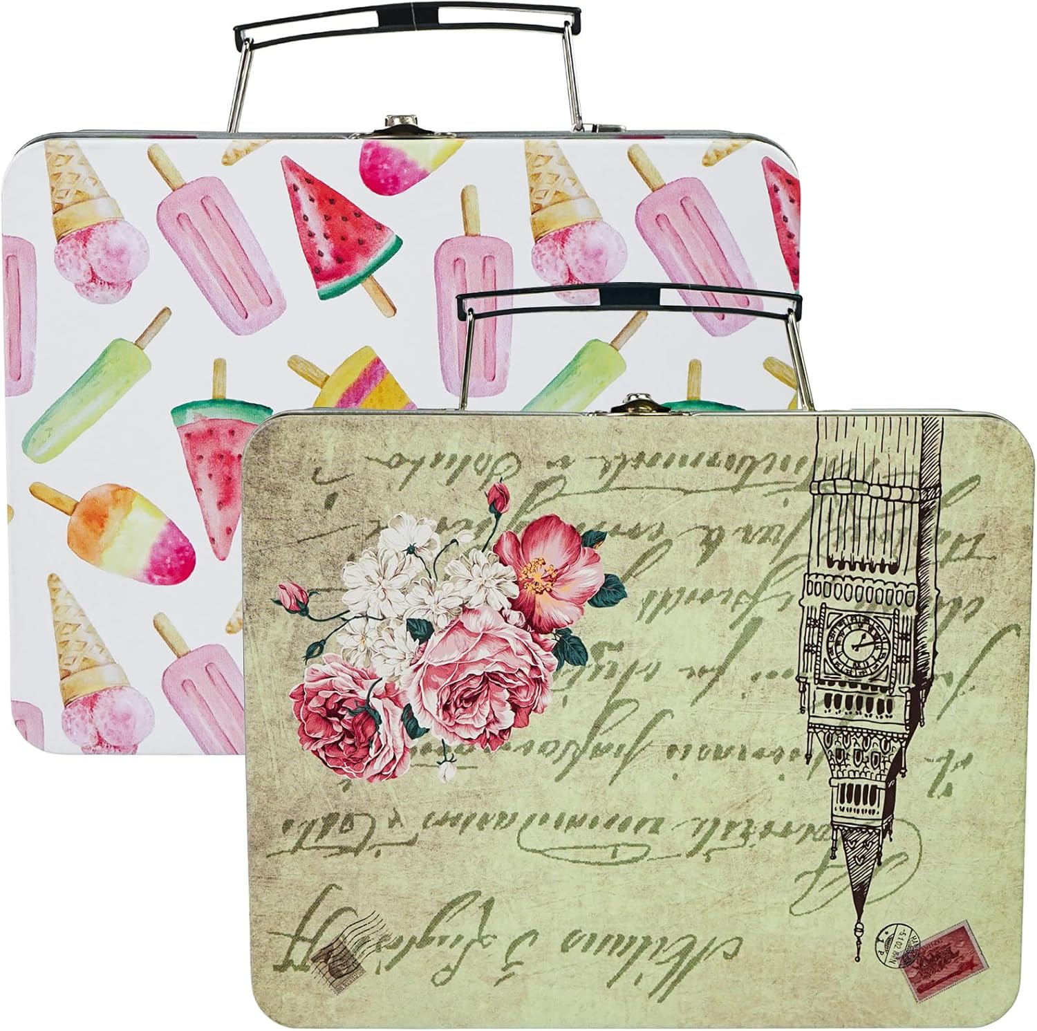 Dreamseden Storage Box Set with Lock - 12" Large Keepsake Box & 2 Handheld Tin Boxes - Decorative Container Memory Storage for Jewelry, Photos, Letter, Documents - Retro Home Decor Gift image number 1