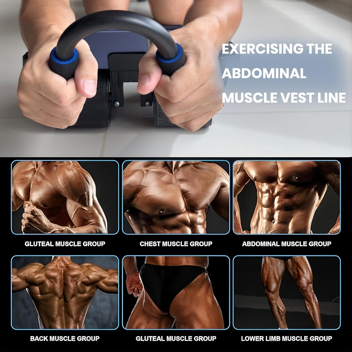 Hoplite Sports Ab Roller Wheel with Elbow Support &ndash; Power Roller Fitness Equipment for Abs, Core & Full Body &ndash; 4-Wheel Base, Silent Rebound, Anti-Slip Tires & Foldable Handles with Phone Holder - Blue image number 6