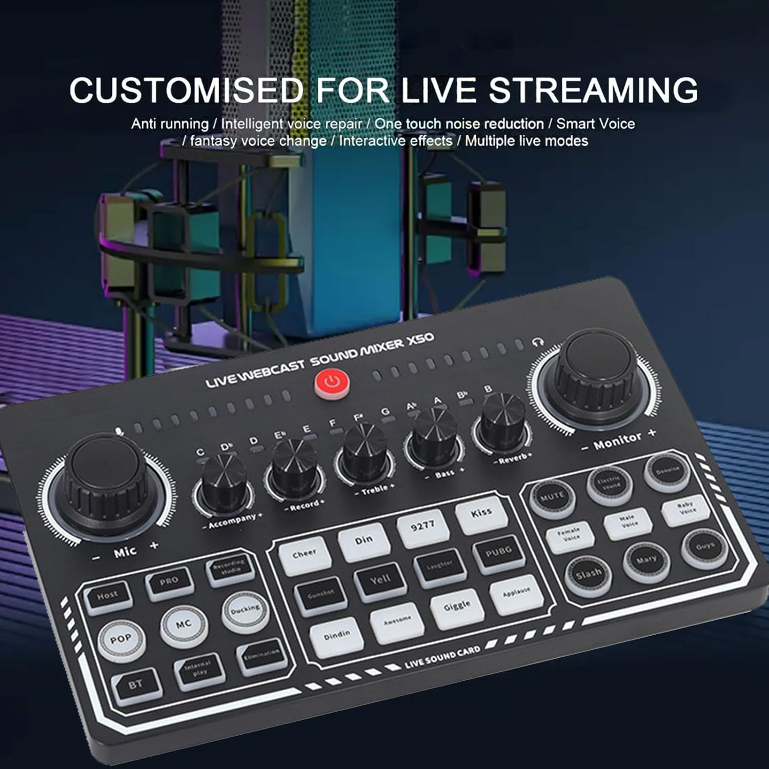 Annuoyi Professional Audio Mixer,Sound Card Mixer,X50 Portable Audio Mixer with DJ Mixer Effects and Voice Changer for Singing/Pc Video Chat/Live Streaming/Broadcast/Karaoke image number 3