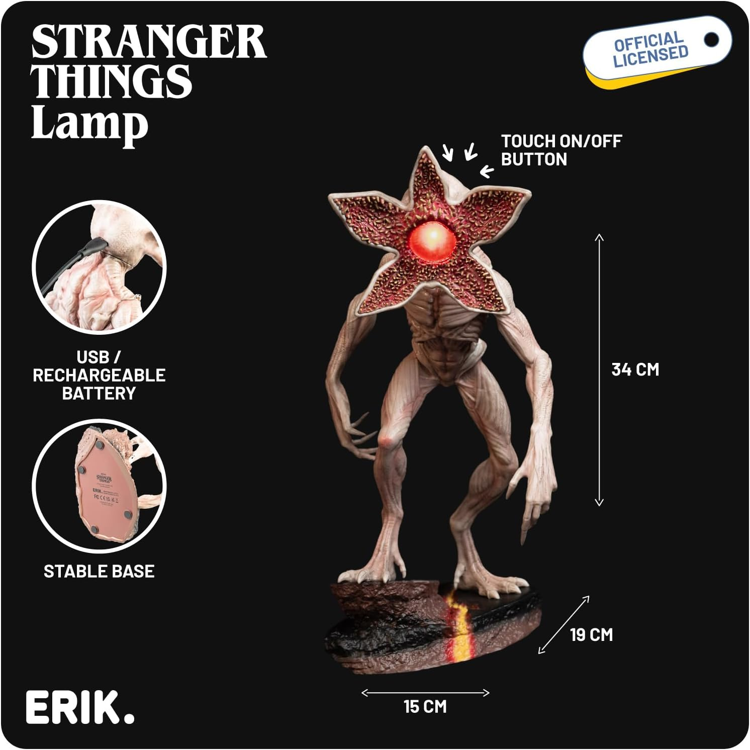Grupo Erik Baterry Lamp - Stranger Things Gifts | Night Light Kids, Night Lamp Bedside, Mood Lighting, Nightlight | Demogorgon Stranger Things Merchandise, Cool Room Decor image number 6