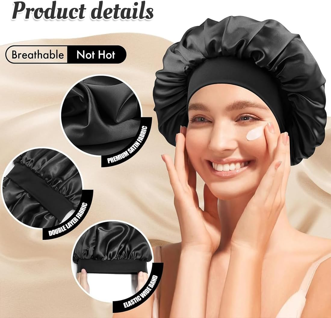 DWFEYOI Satin Sleeping Cap, Pack of 2 Silk Caps, Adjustable Hair Cap, Silk with 2 Satin Hair Bobbles, Night Sleep Cap, Women Girls Breathable Sleeping Cap, Sleeping Cap (Black, Pink) image number 5