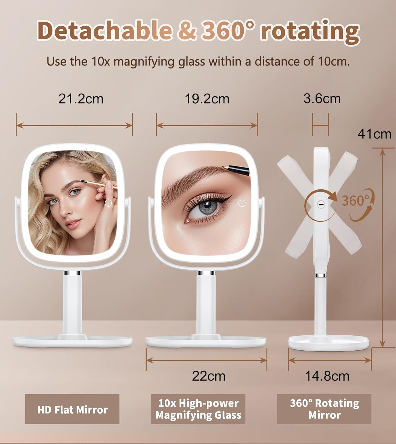 XXZU 64 LED Makeup Mirror with Phone Holder,3000Mah Rechargeable 10X Magnifying Vanity Mirror with Lights,3 Color Lighting & Dimmable Touch Screen Compact Mirrors for Desk,Travel,Bathroom image number 6