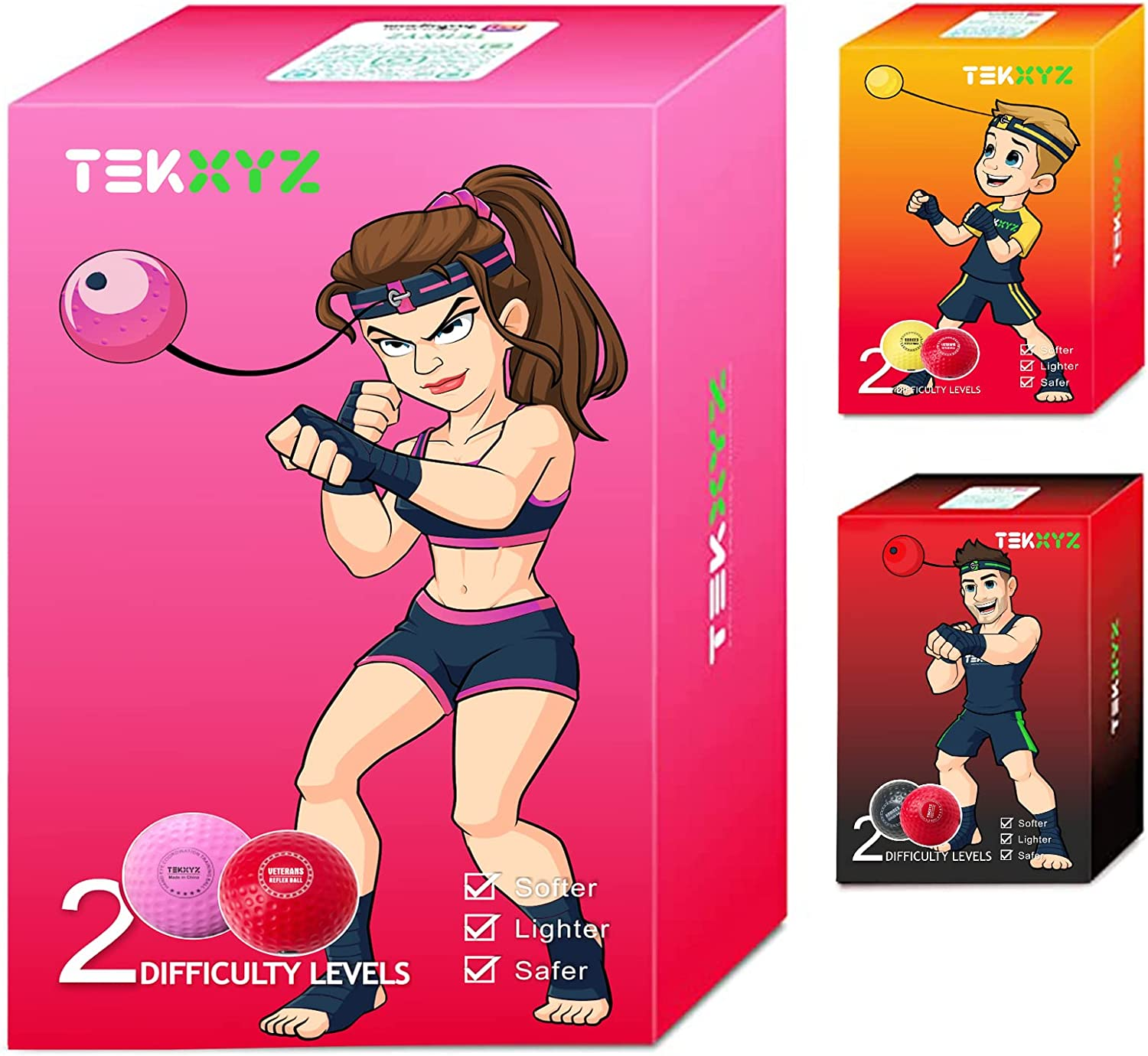 TEKXYZ Boxing Reflex Ball, 2 Difficulty Levels Boxing Ball with Headband, Softer than Tennis Ball, Perfect for Reaction, Agility, Punching Speed, Fight Skill and Hand Eye Coordination Training