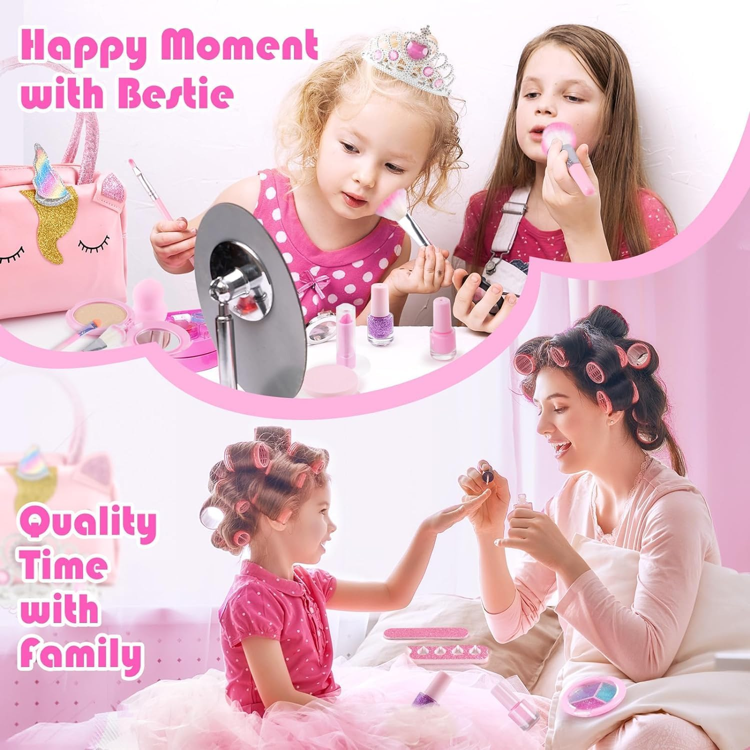 Kids Real Makeup Kit for Little Girls with Unicorn Purse - Non Toxic, Washable Make up Toy - Kids Pretend Play Set Vanity Birthday Gift for Ages 3 4 5 6 7 8 9 10 12 Years Old (Pink Soft Unicorn Bag) image number 3