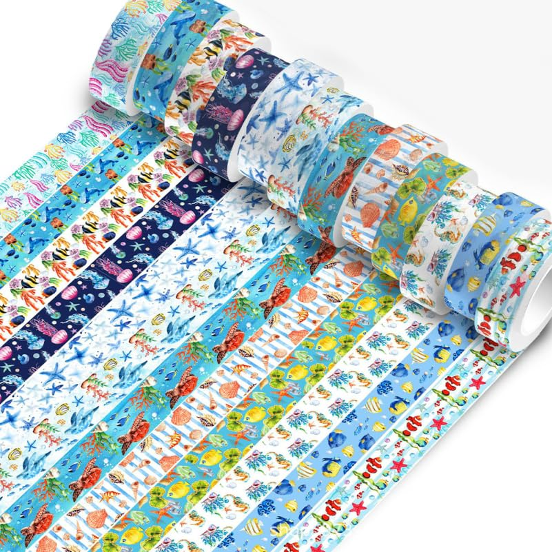STOBOK Washi Tape Ocean Animal Theme - 12 Rolls, Scrapbook Supplies Paper Stickers Stickers for Scrapbooking Journals DIY Crafts Notebook Collage Album Aesthetic Picture Frames