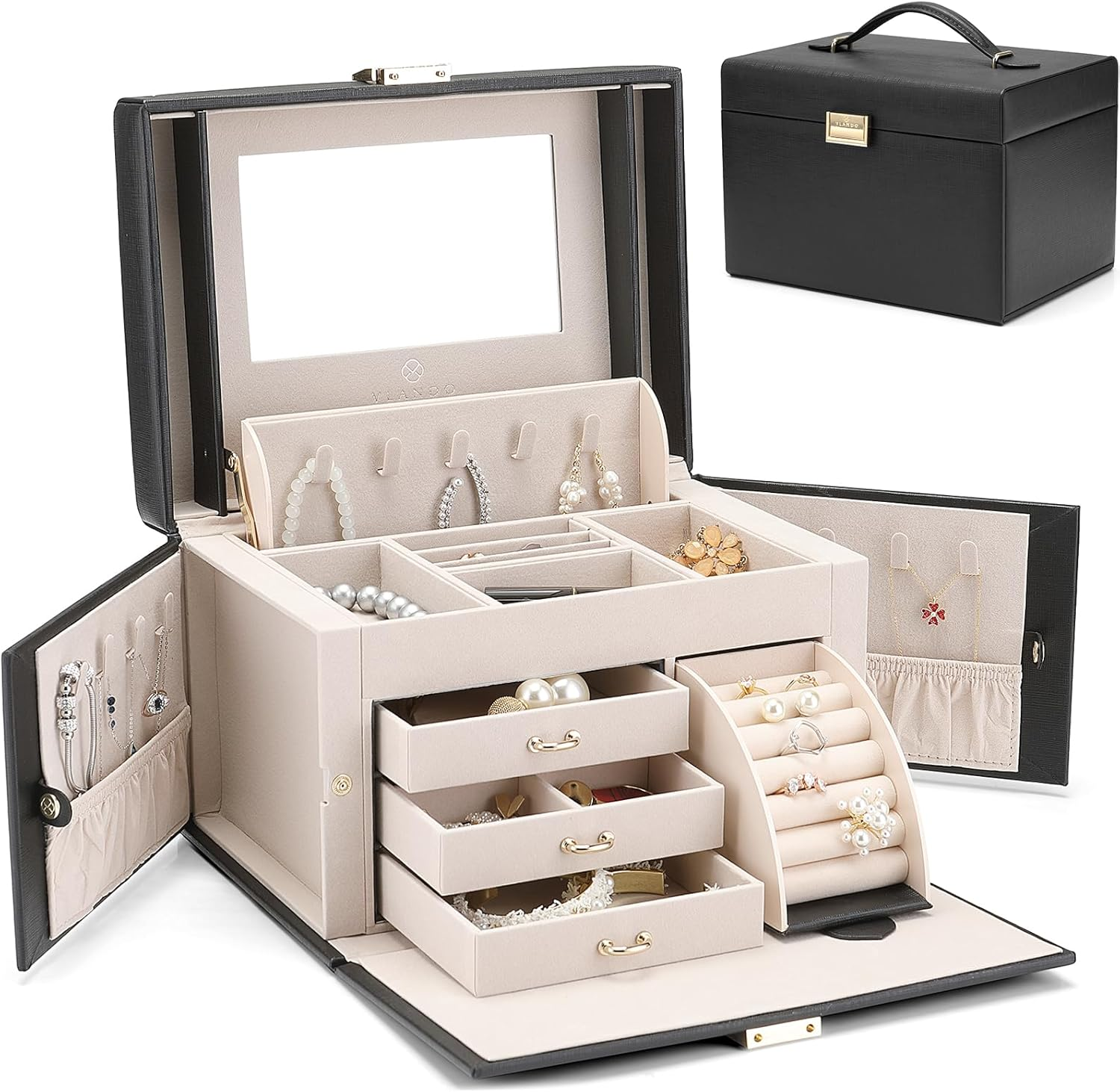 Vlando Jewellery Box Organiser, Faux Leather Jewellery Storage Case with Mirror, Storage for Earring Rings Necklace Large Jewellery Box for Home Storage & Organisation,Christmas Birthday Gift - Pink