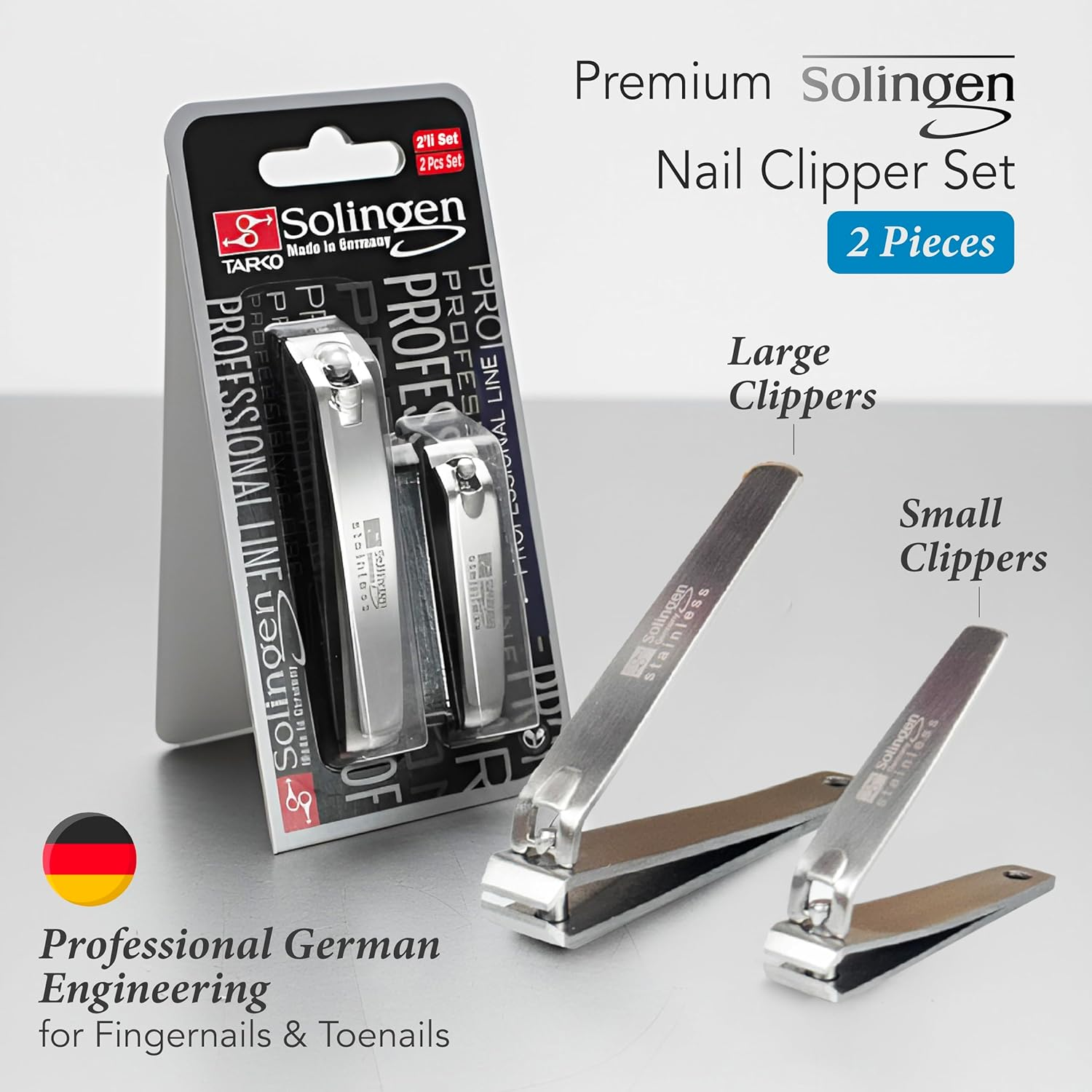 Solingen Nail Clippers | 2 Pcs Professional Sharp Tools Set | Stainless Steel Metal Made in Germany | Kit for Manicure & Pedicure Toenail Fingernail Care for Women Mens and Baby