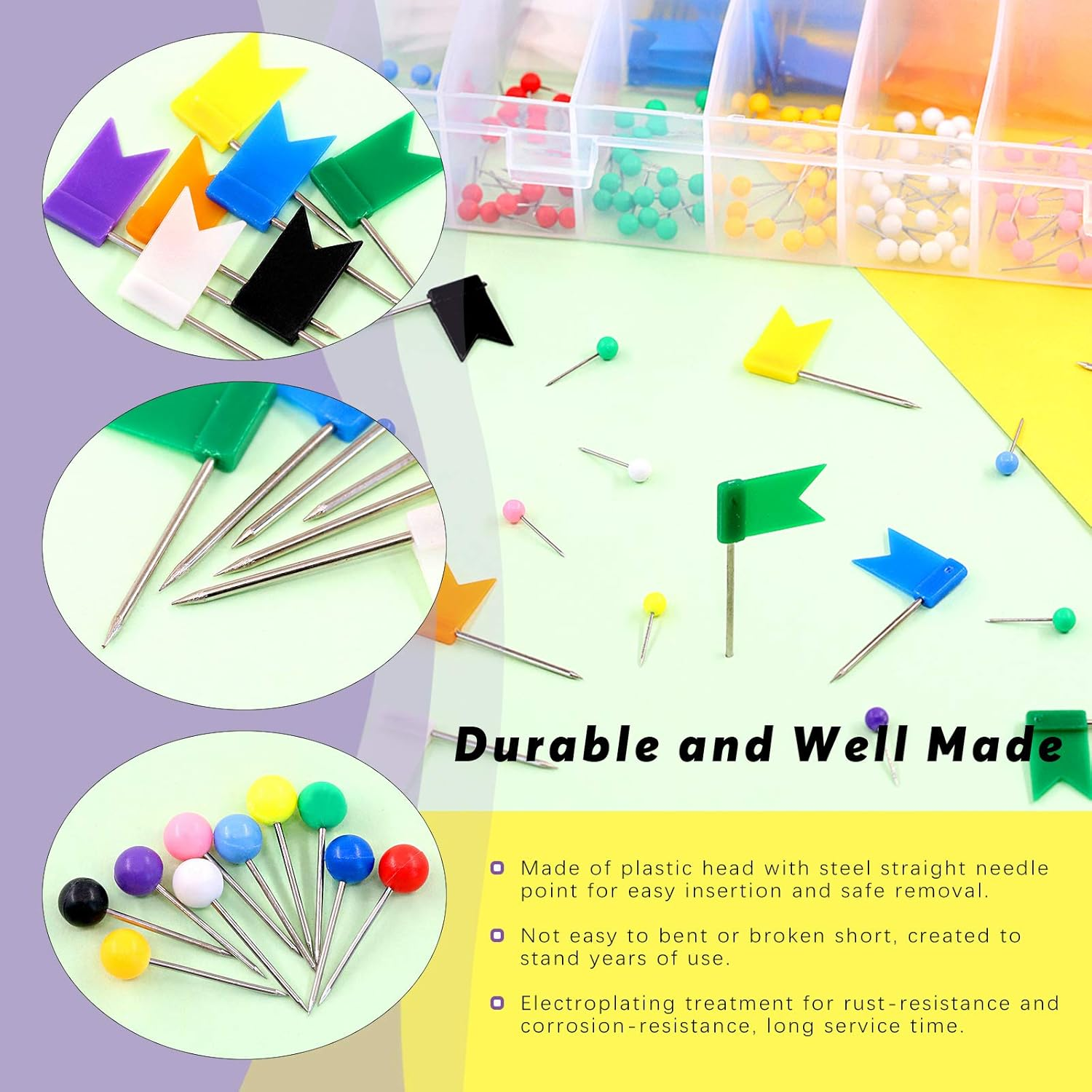 Swpeet 305Pcs 2 Types Colorful Push Pins Tacks with Steel Point Assortment Kit, 1/8 Inch Ball round Head and 7/10 Inch Map Flag Tacks Plastic Marking Pins for Bulletin Board, Fabric Marking image number 1
