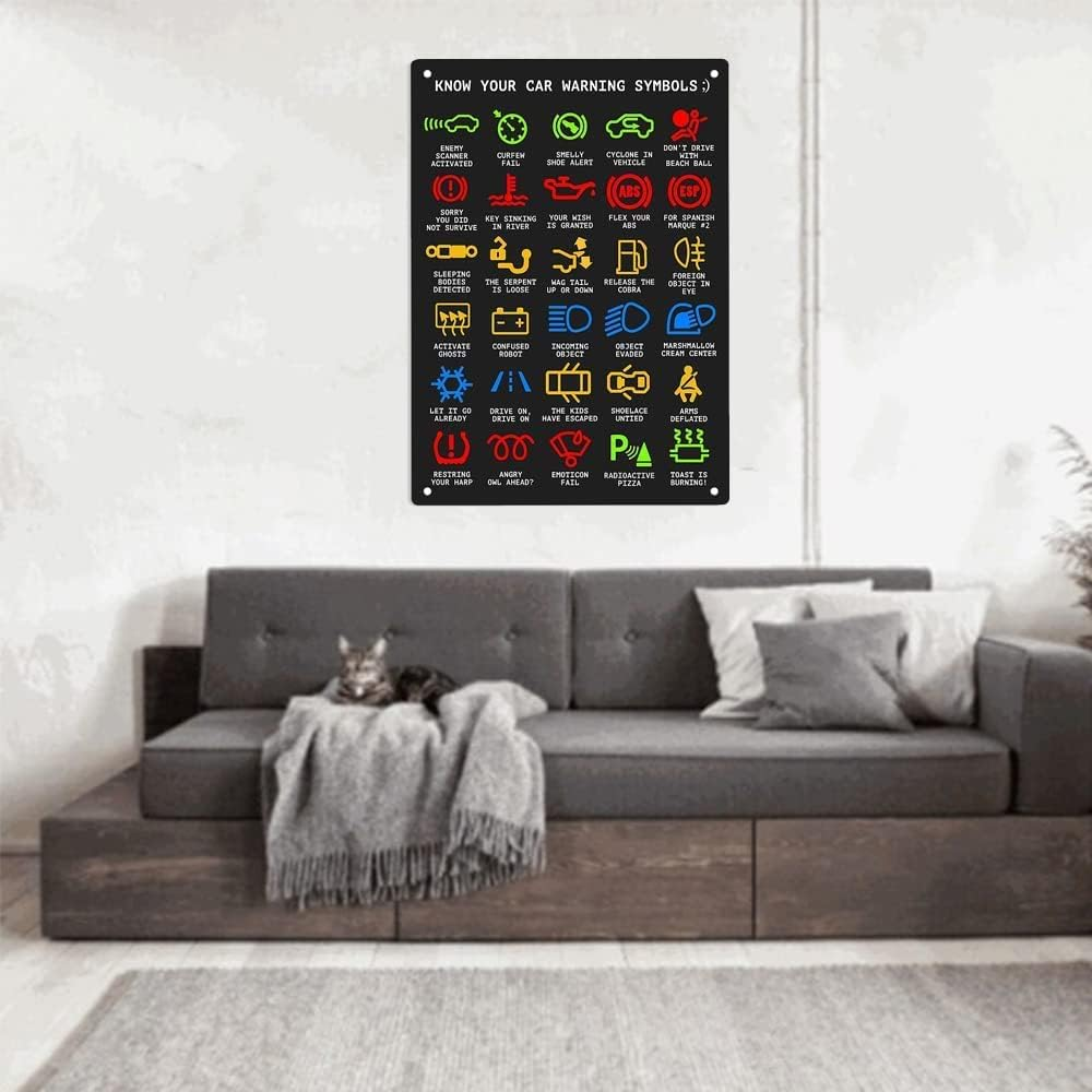ERMUHEY Know Your Car Warning Lights Mechanics Funny Sarcastic Sign Metal Tin Signs, Poster Home Office Restaurants Bedroom Outdoors Man Cave Wall Decor Plaque 12X8 Inch, Multicolor