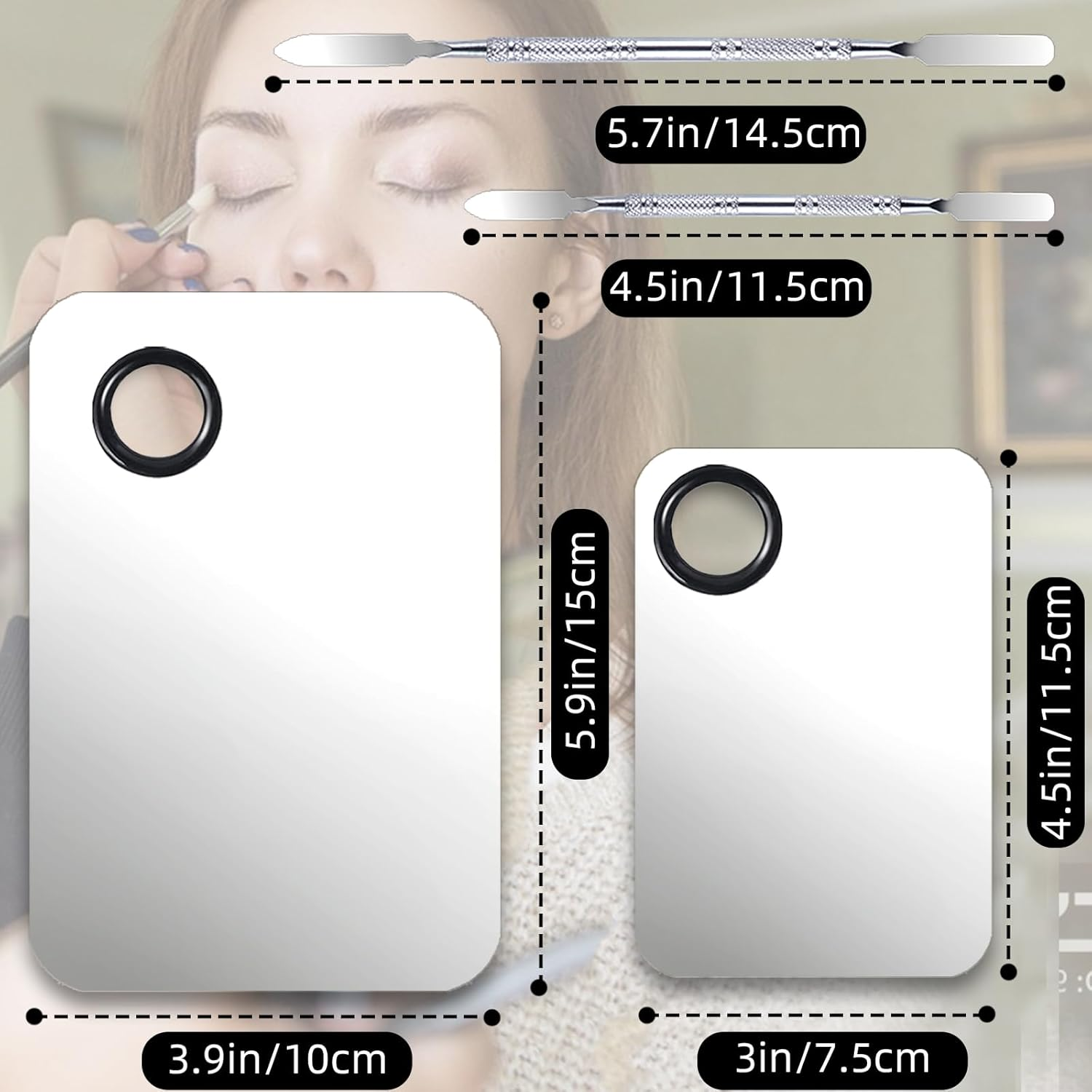 2 Set Makeup Mixing Palette,Stainless Steel Makeup Palette with Spatula Professional Make up Artist Must Haves Make up Palette,Suitable for Mixing Foundation Make up Eye Shadow and Nail(Silvery） image number 1