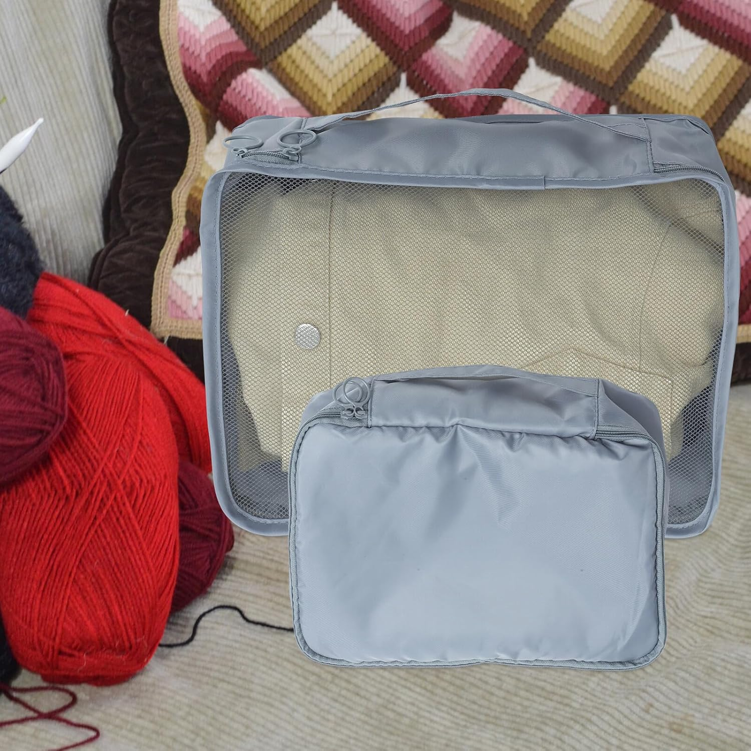 LIGIGWASH 7Pcs Travel Packing Cubes Set Luggage Organizer Bags with Drawstring Storage Pouches for Suitcases Clothes Shoes Grey Folding Travel Organizer image number 5