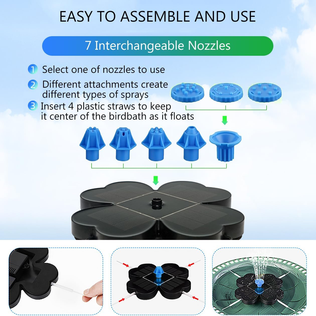 Reelau 3.5W Solar Fountain for Bird Bath, Clover Floating Solar Bird Bath Fountain with 7 Nozzles, 18CM Dia Bird Bath Solar Fountain Water Feature Floating Fountain for Garden, Patio, Pond image number 5