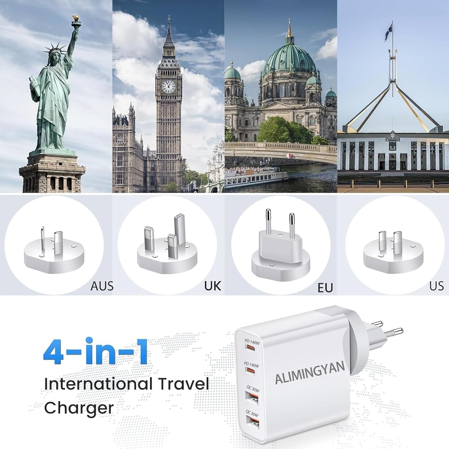 140W USB C Gan Charger - 140W USB-C PD Charger, Qc3.0Wall Charging Block, 2USB-C&2USB-A Laptop Charger Withus, UK, EU, AU Plug Heads&Travel Plugs Compatible with Macbook, HP, Dell, Iphone 16,Forgalaxy image number 2