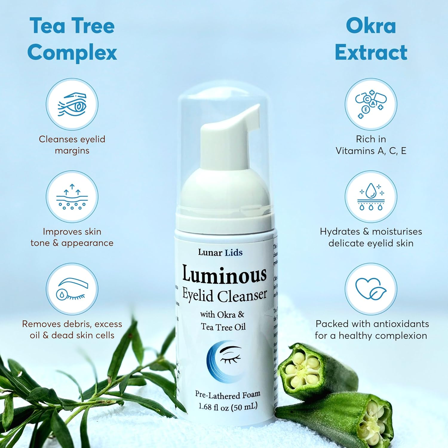 Luminous Eyelid Cleanser with Okra Extract & Tea Tree Complex, Foaming Cleanser/Wash - Cleanses Eyelids and Lashes, Remove Debris and Makeup, Lid Scrub, Skin Moisturiser, Eyelid Care - 50Ml